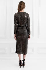 ABIGAIL GOLD & BLACK SEQUIN LONG SLEEVED MIDI DRESS