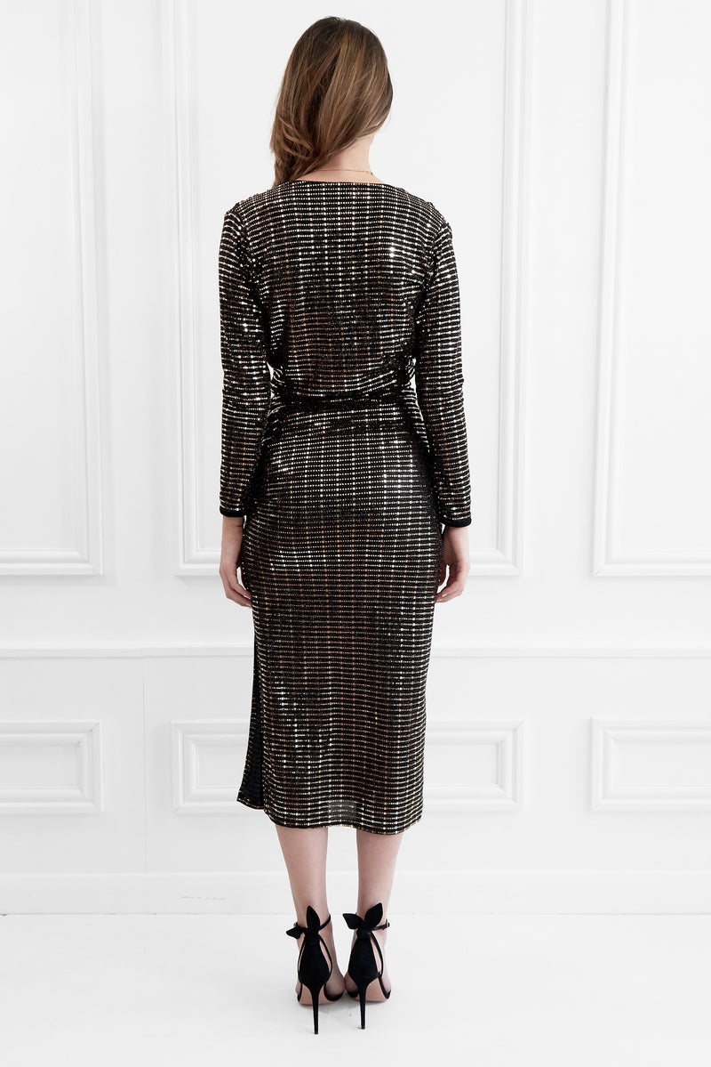 ABIGAIL GOLD & BLACK SEQUIN LONG SLEEVED MIDI DRESS