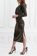 ABIGAIL GOLD & BLACK SEQUIN LONG SLEEVED MIDI DRESS