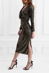 ABIGAIL GOLD & BLACK SEQUIN LONG SLEEVED MIDI DRESS