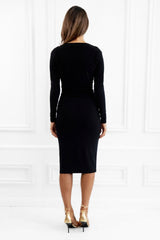 Abbey Black Long Sleeved Midi Dress - Detail View | Honor Gold