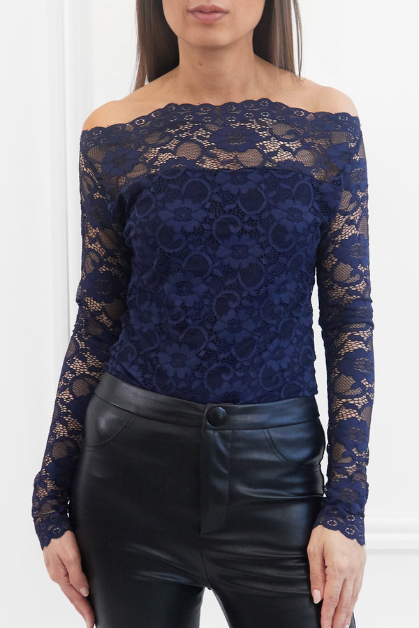 ADDISON NAVY BARDOT LACE TOP WITH EXTRA LONG SLEEVES