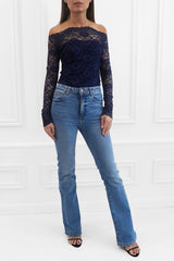 ADDISON NAVY BARDOT LACE TOP WITH EXTRA LONG SLEEVES