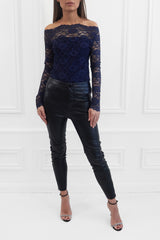 ADDISON NAVY BARDOT LACE TOP WITH EXTRA LONG SLEEVES