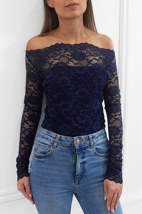 ADDISON NAVY BARDOT LACE TOP WITH EXTRA LONG SLEEVES