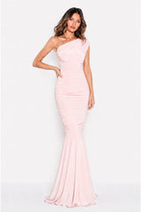 Alice Blush Pink One Shoulder Bridesmaids Occasion Maxi Dress - Detail View | Honor Gold