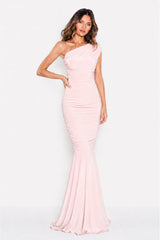 Alice Blush Pink One Shoulder Bridesmaids Occasion Maxi Dress - Front View | Honor Gold