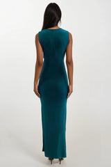 AMOR GREEN V FRONT EVENING WEAR MAXI DRESS WITH SIDE SPLIT AND FRON SASH