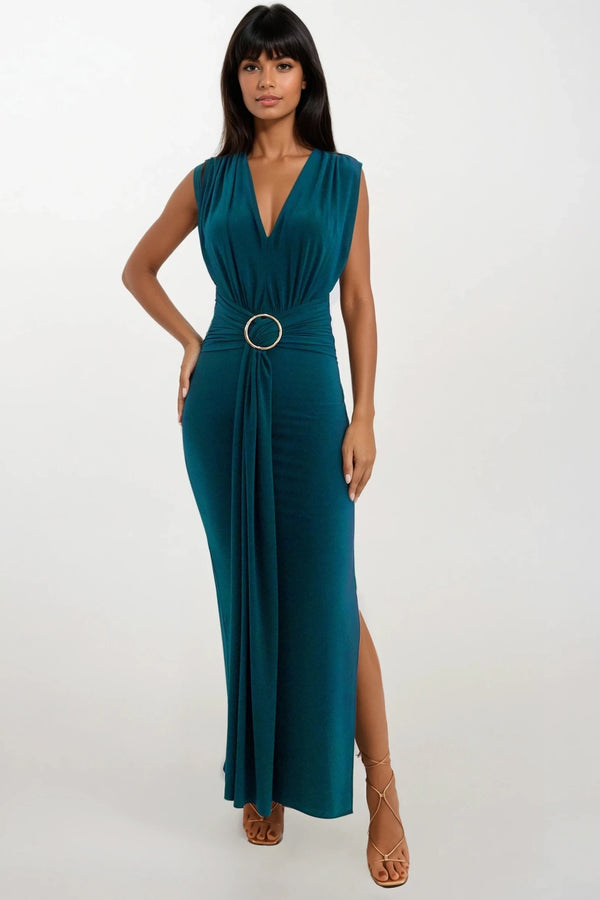 AMOR GREEN V FRONT EVENING WEAR MAXI DRESS WITH SIDE SPLIT AND FRON SASH