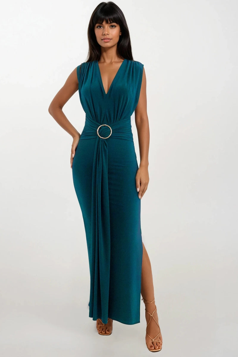 AMOR GREEN V FRONT EVENING WEAR MAXI DRESS WITH SIDE SPLIT AND FRON SASH