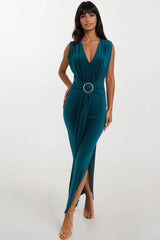 AMOR GREEN V FRONT EVENING WEAR MAXI DRESS WITH SIDE SPLIT AND FRON SASH