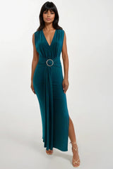AMOR GREEN V FRONT EVENING WEAR MAXI DRESS WITH SIDE SPLIT AND FRON SASH