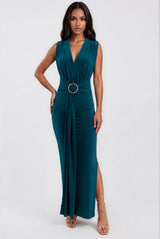 Amor Green V Front Maxi Dress With Front Sash - Detail View | Honor Gold