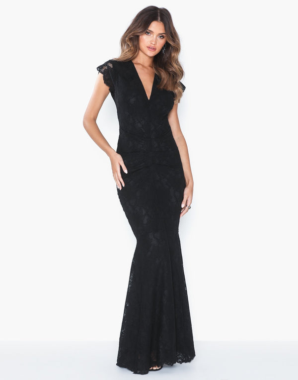 ARIANNA BLACK LACE WITH CAP SLEEVES & FISHTAIL MAXI DRESS
