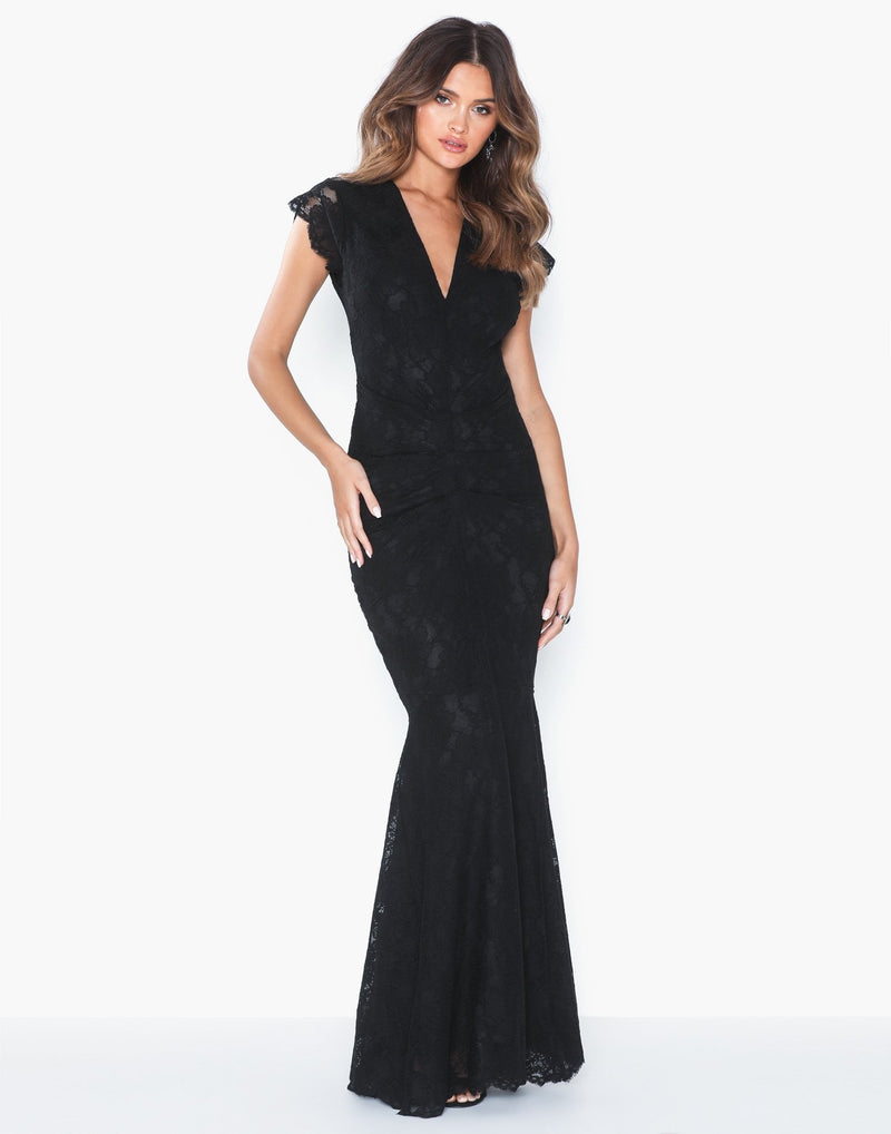 ARIANNA BLACK LACE WITH CAP SLEEVES & FISHTAIL MAXI DRESS