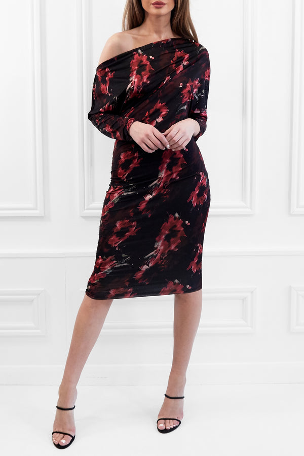 Aubrey black/red bardot / batwing floral midi wedding guest dress