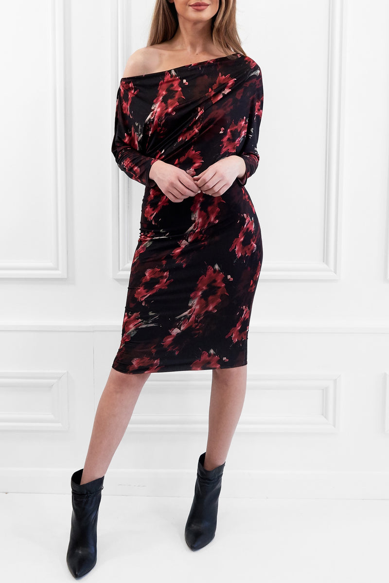 Aubrey black/red bardot / batwing floral midi wedding guest dress