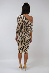 AUBREY ZEBRA ANIMAL PRINT BATWING OVERSIZED OFF THE SHOULDER MIDI DRESS
