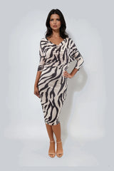 AUBREY ZEBRA ANIMAL PRINT BATWING OVERSIZED OFF THE SHOULDER MIDI DRESS