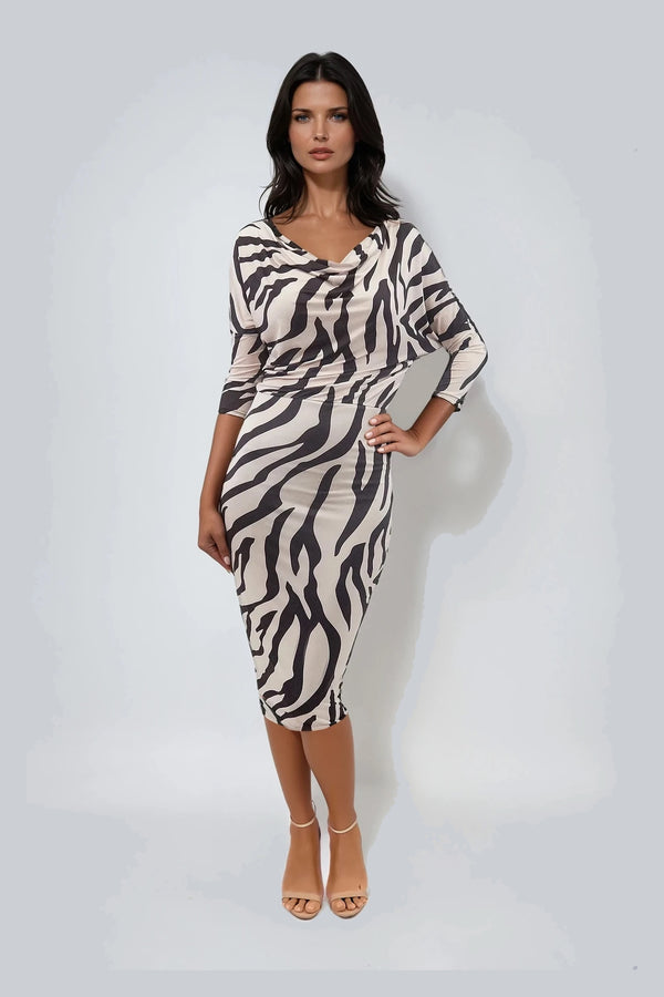 AUBREY ZEBRA ANIMAL PRINT BATWING OVERSIZED OFF THE SHOULDER MIDI DRESS