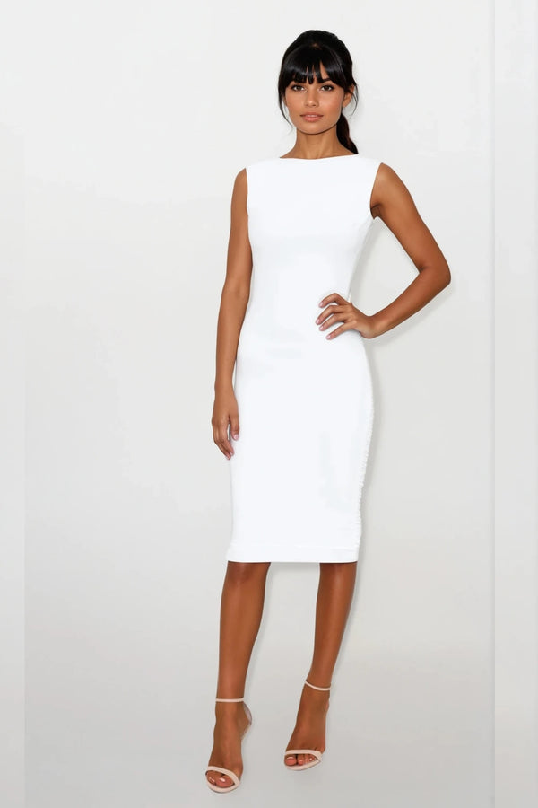 BELLA WHITE IVORY BACKLESS SLEEVELESS MIDI DRESS
