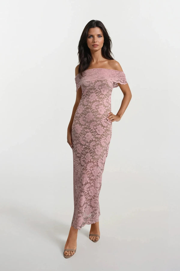BRIDGET BLUSH PINK LACE BARDOT OFF THE SHOULDER MAXI DRESS WITH NUDE LINING