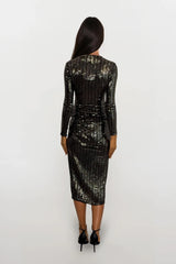 BROOKE GOLD & BLACK SEQUIN LONG SLEEVED MIDI DRESS WITH FRONT SPLIT