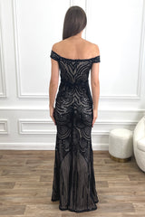 BRYNN BLACK NUDE SEQUIN OCASSION EVENING WEAR MAXI DRESS