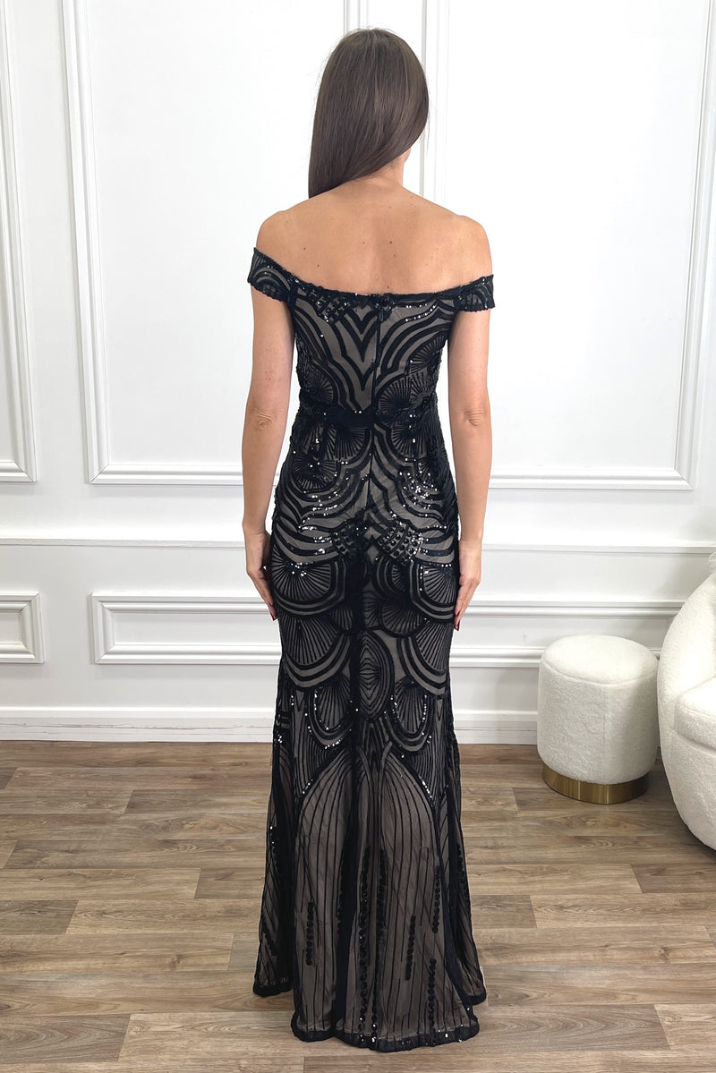 BRYNN BLACK NUDE SEQUIN OCASSION EVENING WEAR MAXI DRESS