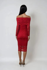 CAILEY RED LACE BARDOT MIDI DRESS WITH RED SLIP