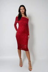 CAILEY RED LACE BARDOT MIDI DRESS WITH RED SLIP