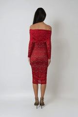 CAILEY RED LACE BARDOT MIDI DRESS WITH NUDE SLIP