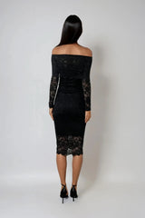 CAILEY BLACK LACE BARDOT MIDI DRESS WITH BLACK SLIP