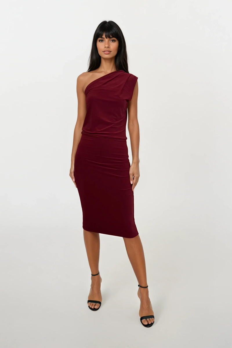 CALLIE BERRY ONE SHOULDERED MIDI DRESS WITH TIE SCARF WITH GOLD BUCKLE
