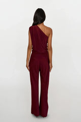 CALLIE BERRY ONE SHOULDERED JUMPSUIT WITH TIE SCARF WITH GOLD BUCKLE