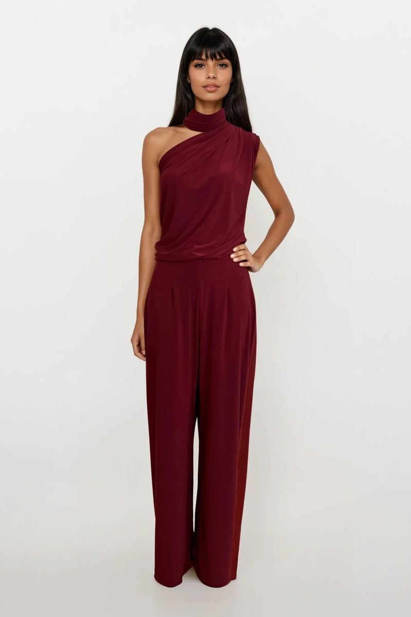 CALLIE BERRY ONE SHOULDERED JUMPSUIT WITH TIE SCARF WITH GOLD BUCKLE