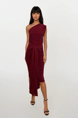 CALLIE BERRY ONE SHOULDERED MIDI DRESS WITH TIE SCARF WITH GOLD BUCKLE