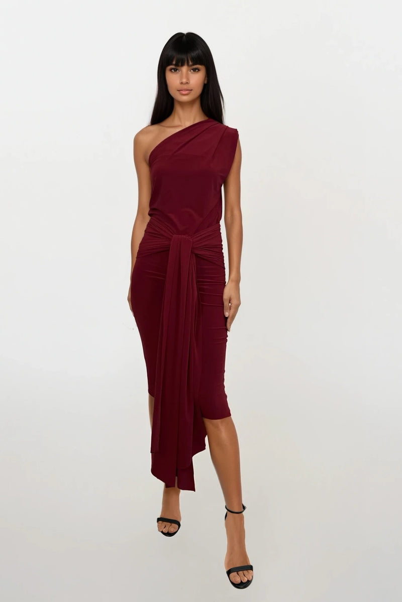 CALLIE BERRY ONE SHOULDERED MIDI DRESS WITH TIE SCARF WITH GOLD BUCKLE