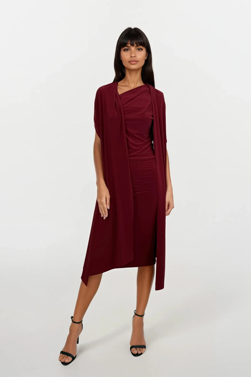CALLIE BERRY ONE SHOULDERED MIDI DRESS WITH TIE SCARF WITH GOLD BUCKLE
