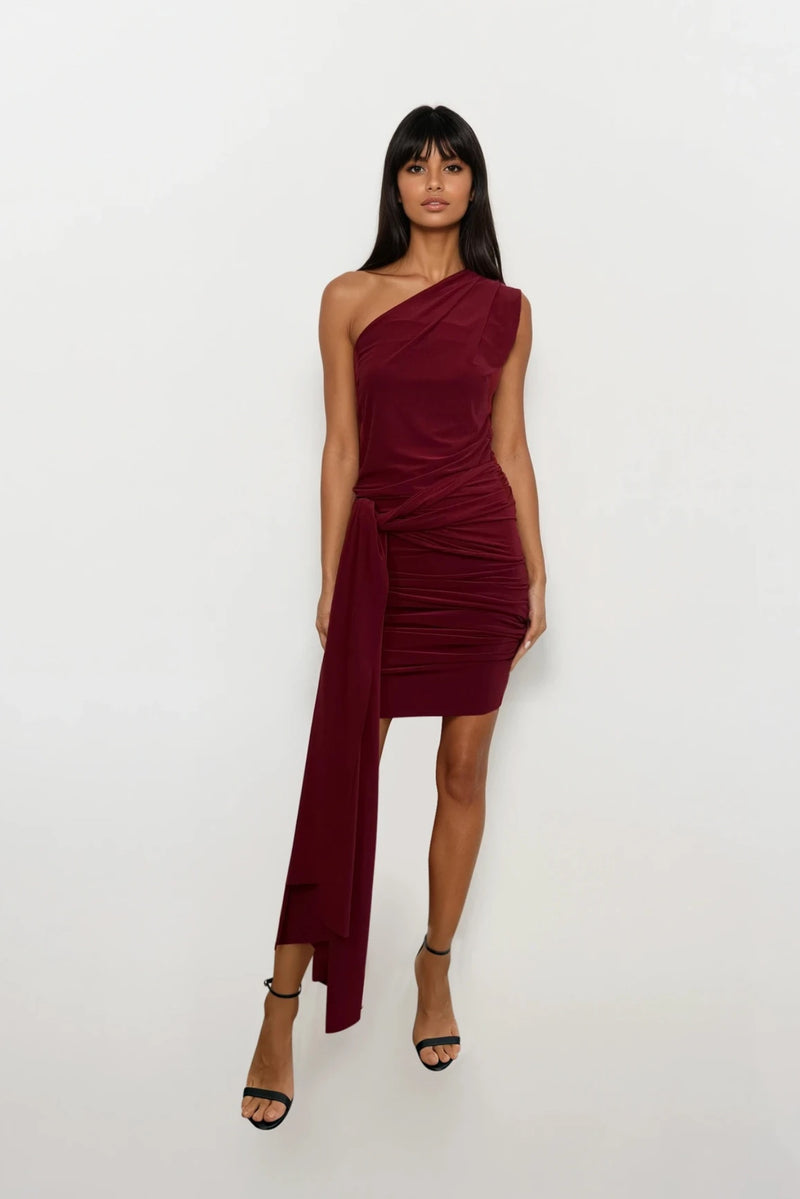 CALLIE BERRY ONE SHOULDERED MIDI DRESS WITH TIE SCARF WITH GOLD BUCKLE