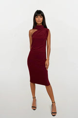 CALLIE BERRY ONE SHOULDERED MIDI DRESS WITH TIE SCARF WITH GOLD BUCKLE