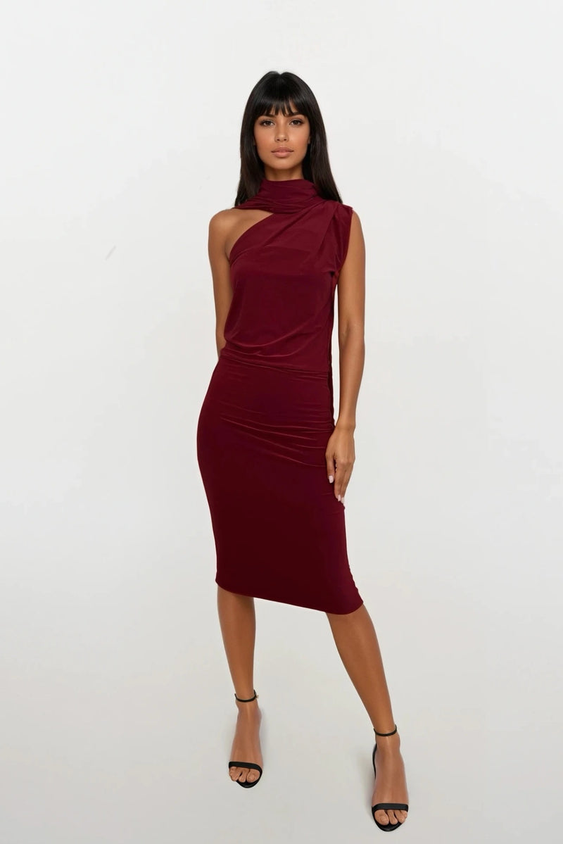 CALLIE BERRY ONE SHOULDERED MIDI DRESS WITH TIE SCARF WITH GOLD BUCKLE