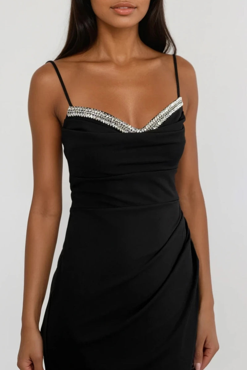 CHRISTIE BLACK DIAMANTE EMBELLISHED MAXI DRESS WITH WRAP SKIRT WITH SPLIT