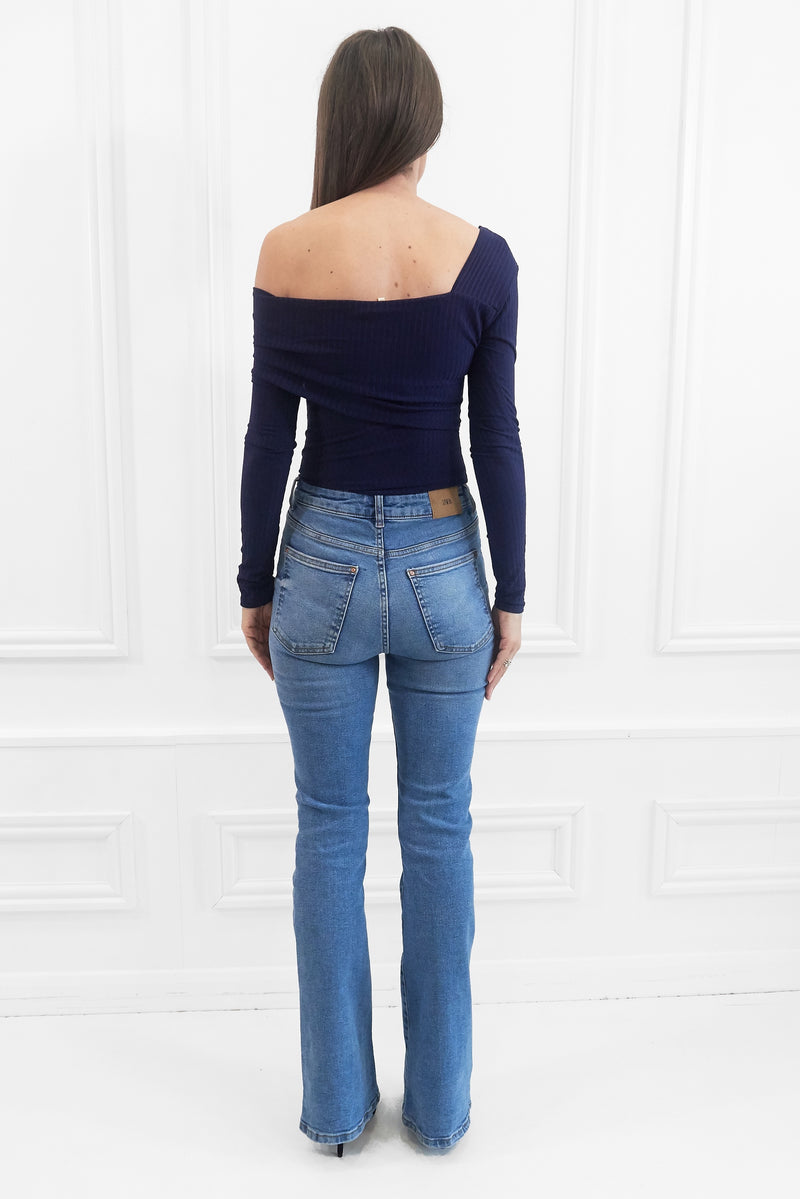 CLARA NAVY RIBBED OFF THE SHOULDER ASYMMETRICAL TOP