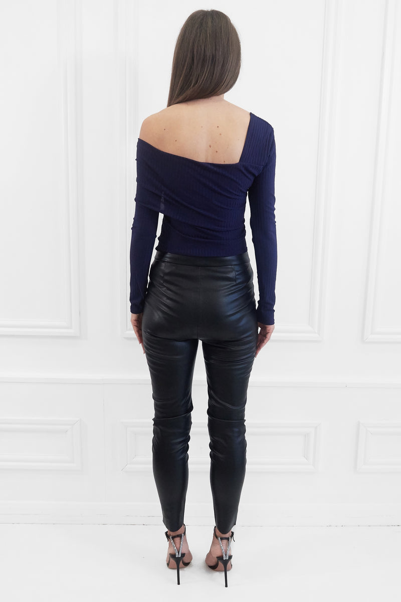 CLARA NAVY RIBBED OFF THE SHOULDER ASYMMETRICAL TOP