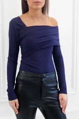 CLARA NAVY RIBBED OFF THE SHOULDER ASYMMETRICAL TOP