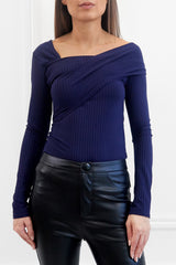 CLARA NAVY RIBBED OFF THE SHOULDER ASYMMETRICAL TOP