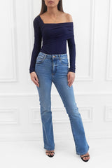 CLARA NAVY RIBBED OFF THE SHOULDER ASYMMETRICAL TOP