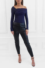 CLARA NAVY RIBBED OFF THE SHOULDER ASYMMETRICAL TOP