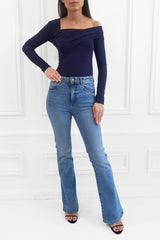 CLARA NAVY RIBBED OFF THE SHOULDER ASYMMETRICAL TOP